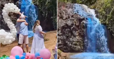 Tiñeron una cascada de azul para revelar el sexo del bebé