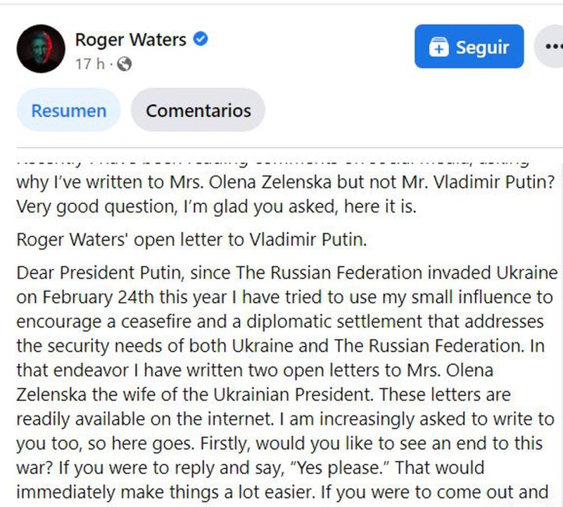 Roger Waters publicó una carta abierta a Putin