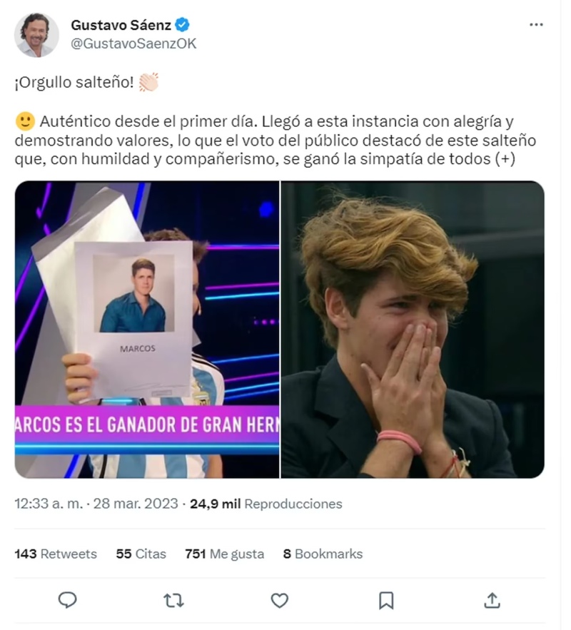 El gobernador de Salta felicitó a Marcos por ganar Gran Hermano